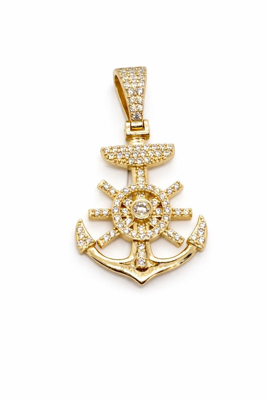Yellow 925 Sterling Silver Anchor Wheel CZ Pendant Nautical Sailor Necklace